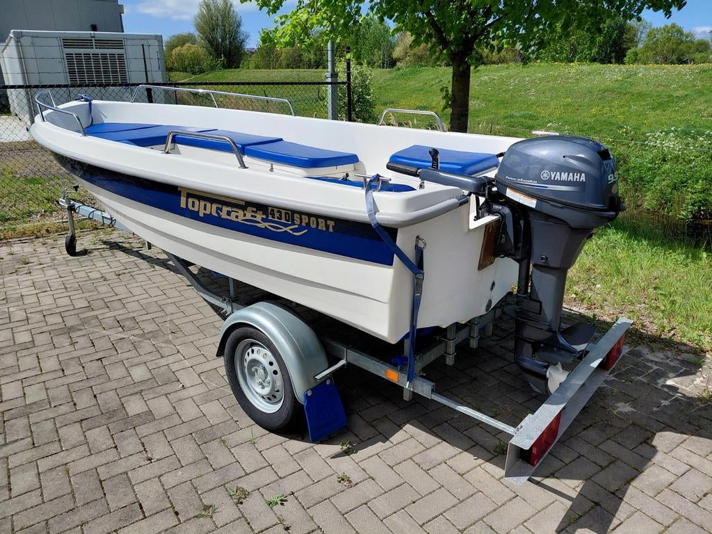 Mooie Topcraft 430 sport met Yamaha 9.9 pk 4 takt en trailer, Watersport en Boten, Vis- en Consoleboten, Ophalen, Topcraft, Elektrische start