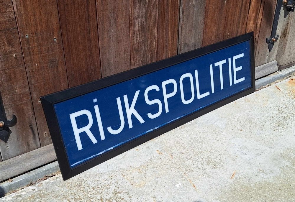 Stoere plexi plaat in houten lijst, rijkspolitie🚔, Reclamebord, Gebruikt, ., Ophalen of Verzenden