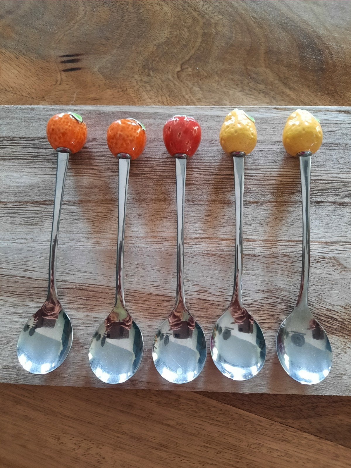 Set van 5 RVS theelepels met fruitdecoratie Douwe Egberts, Ophalen, Gebruikt, Rvs of Chroom