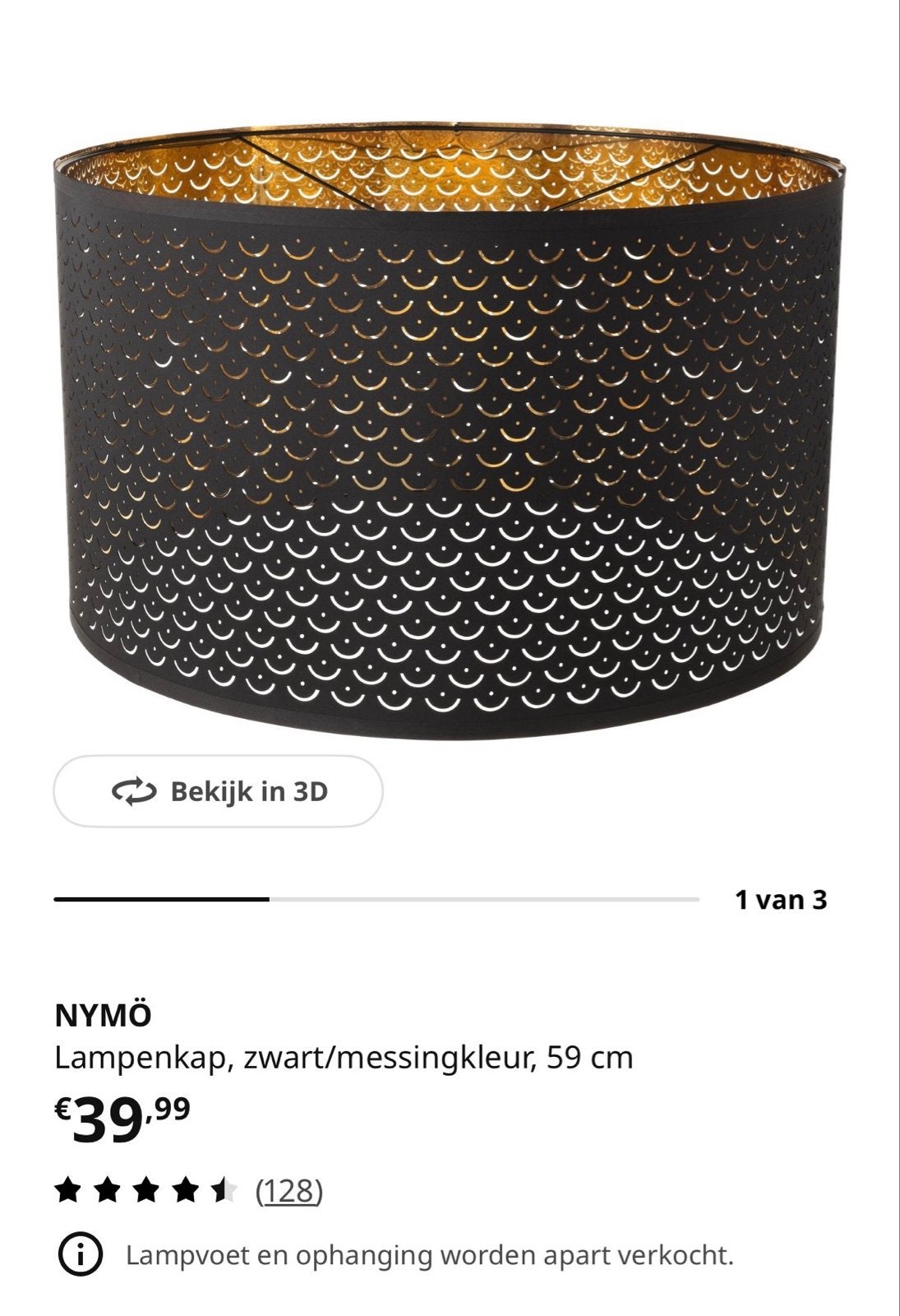 Nymö lampenkap, zwart/messingkleur, 59 cm, Ophalen, Zo goed als nieuw, Zwart, Metaal
