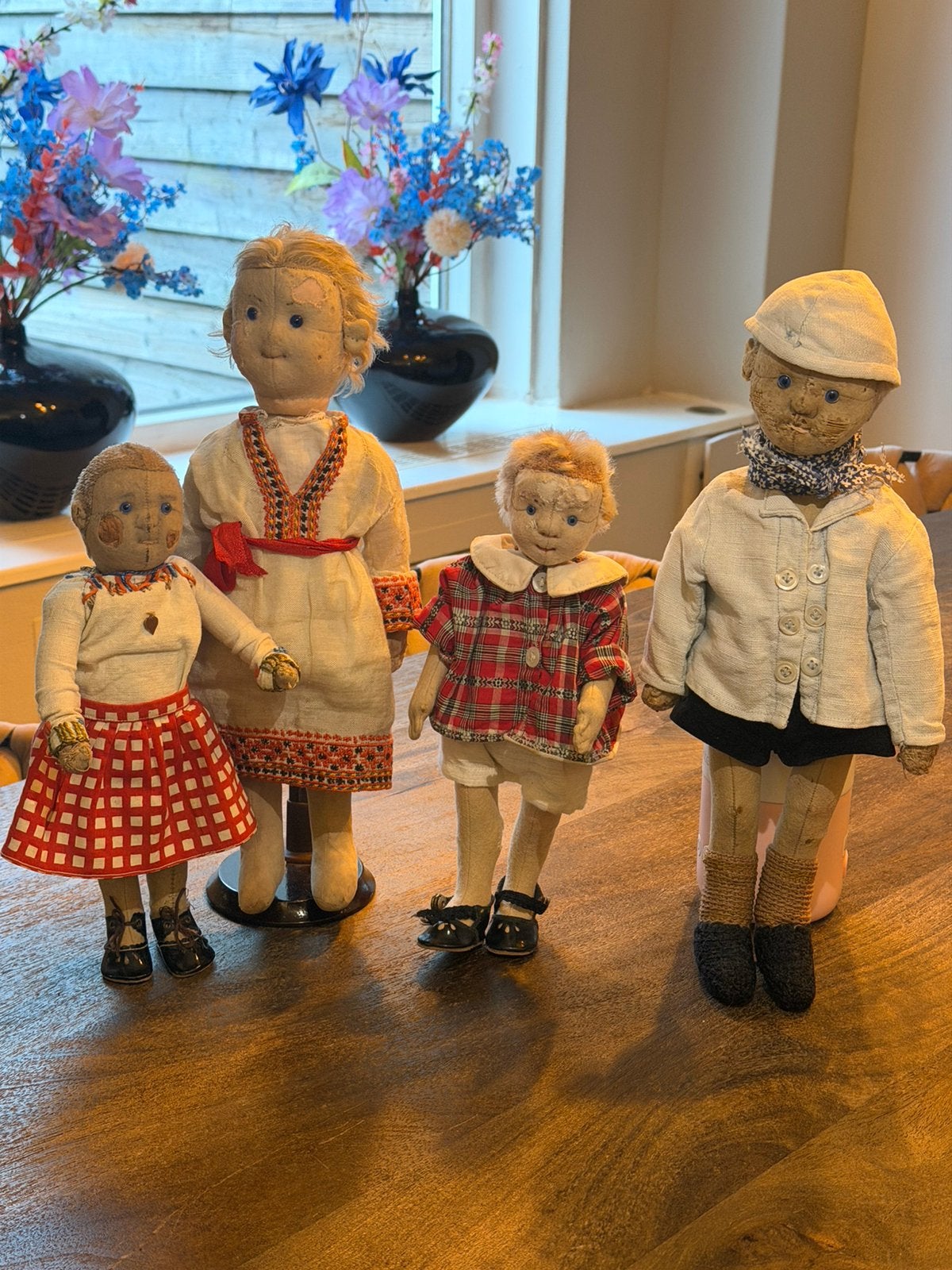 Unieke Set van 4 Antieke Steiff Poppen 1910– 2 met Knop!, Antiek en Kunst, Ophalen of Verzenden