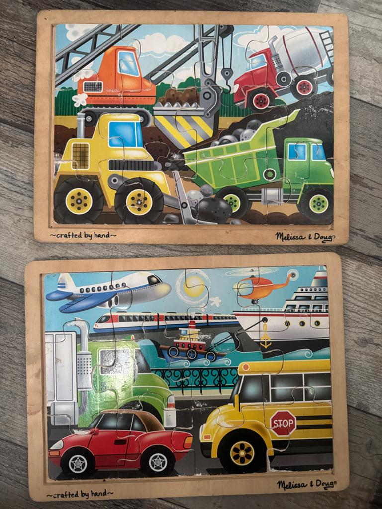 2x Melissa & Doug houten puzzel 12st Voertuigen & bouwplaats, Ophalen, 2 tot 4 jaar, Gebruikt, 10 tot 50 stukjes