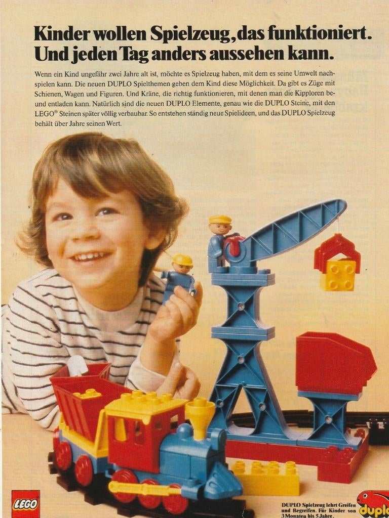 Retro reclame 1983 Lego Duplo jongetje met mooie trein, Verzenden, Overige typen