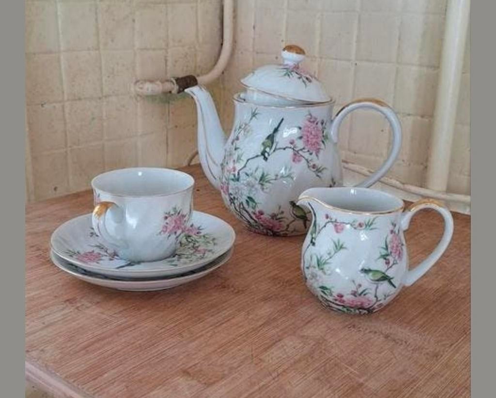 Vintage theeservies met bloemen en vogels, Antiek en Kunst, Antiek | Servies los, Ophalen of Verzenden