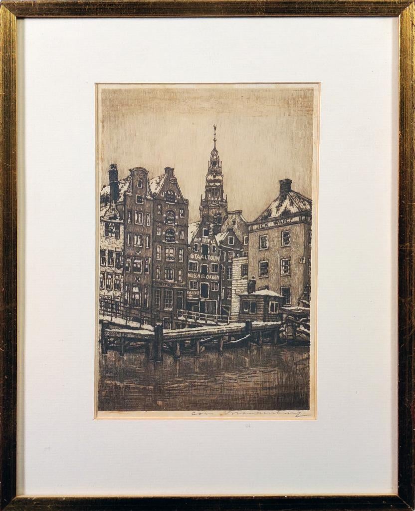 Damrak in de Winter - Kunstenaar: Cornelis Brandenburg, Antiek en Kunst, Kunst | Etsen en Gravures, Ingelijst, Ets, Stadsgezicht