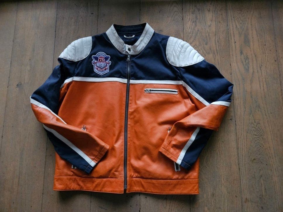 leren jas oranje/blauw/wit maat L, Maat 52/54 (L), Oranje, Ophalen of Verzenden, Zo goed als nieuw