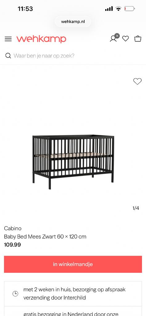 Cabino ledikant zwart, Kinderen en Baby's, Ophalen of Verzenden, Gebruikt, Minder dan 140 cm, Minder dan 70 cm