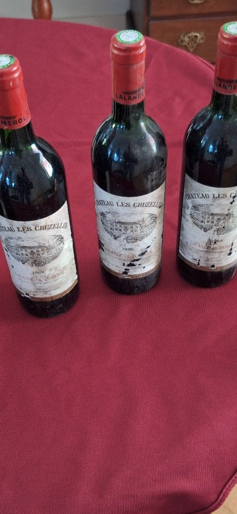 Chateau les Cruzelles 1988, Lalande de Pomerol; 3 flessen, Frankrijk, Ophalen of Verzenden, Zo goed als nieuw, Rode wijn