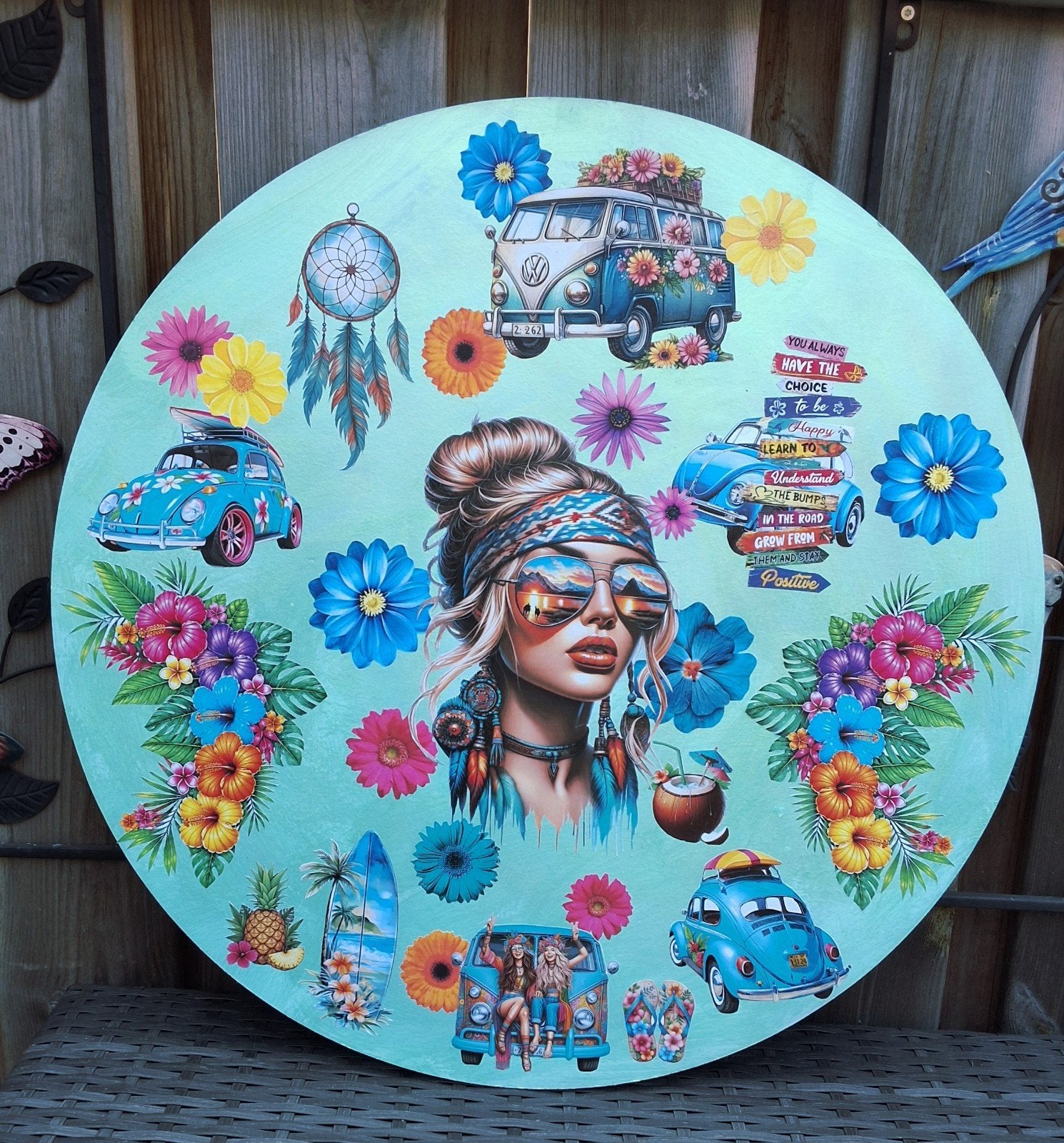 Hippie Chic Ibiza style muurcirkel XXL(60cm) decoupage, Meerkleurig, 60 cm, Nieuw, Ophalen of Verzenden