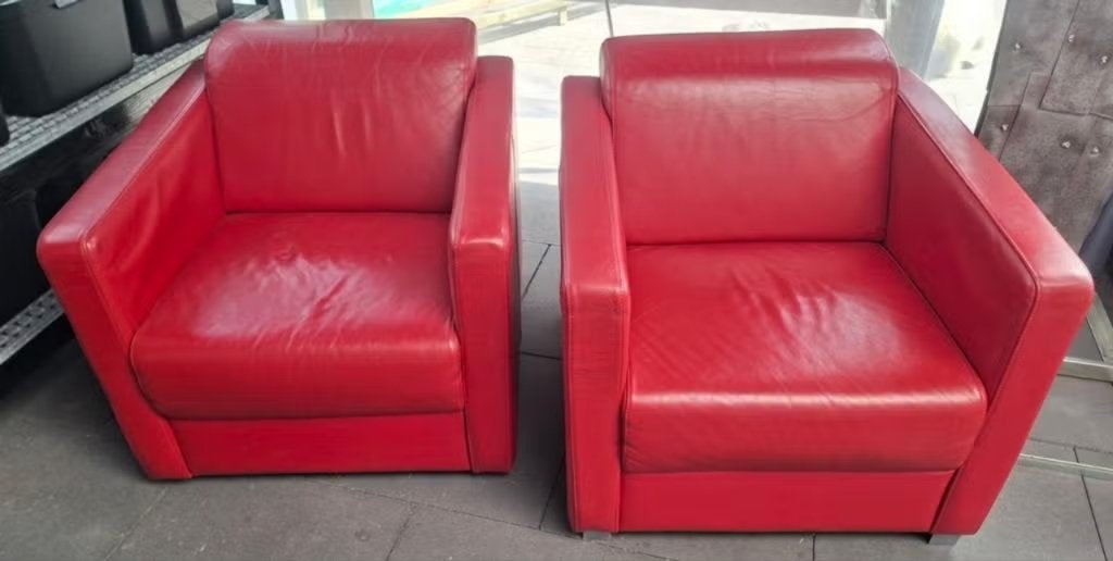 Fauteuils rood leer 2x, Ophalen, 75 tot 100 cm, Leer, 50 tot 75 cm