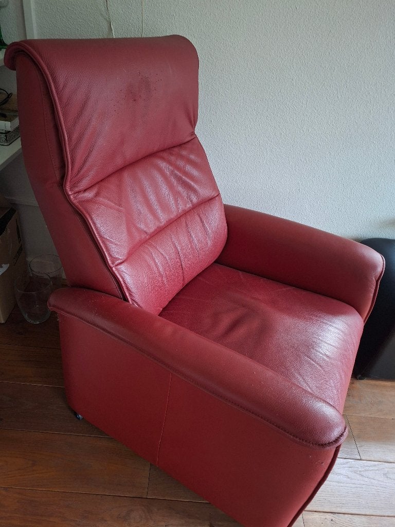 Bordeaux rode leren fauteuil/ sta op stoel merk ciar, Ophalen, Gebruikt, 75 tot 100 cm, Metaal
