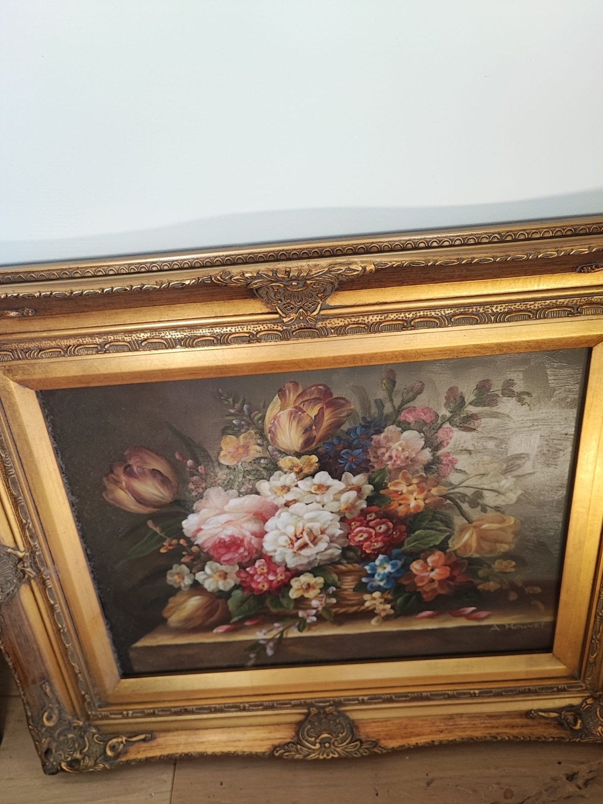 Prachtig bloemenschilderij in klassieke stijl met gouden lij, Ophalen of Verzenden