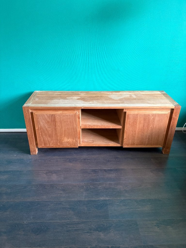 Tv meubel teak. Ca. 170 breed, 50 diep en 65 hoog, Ophalen, Gebruikt, 150 tot 200 cm, Teakhout