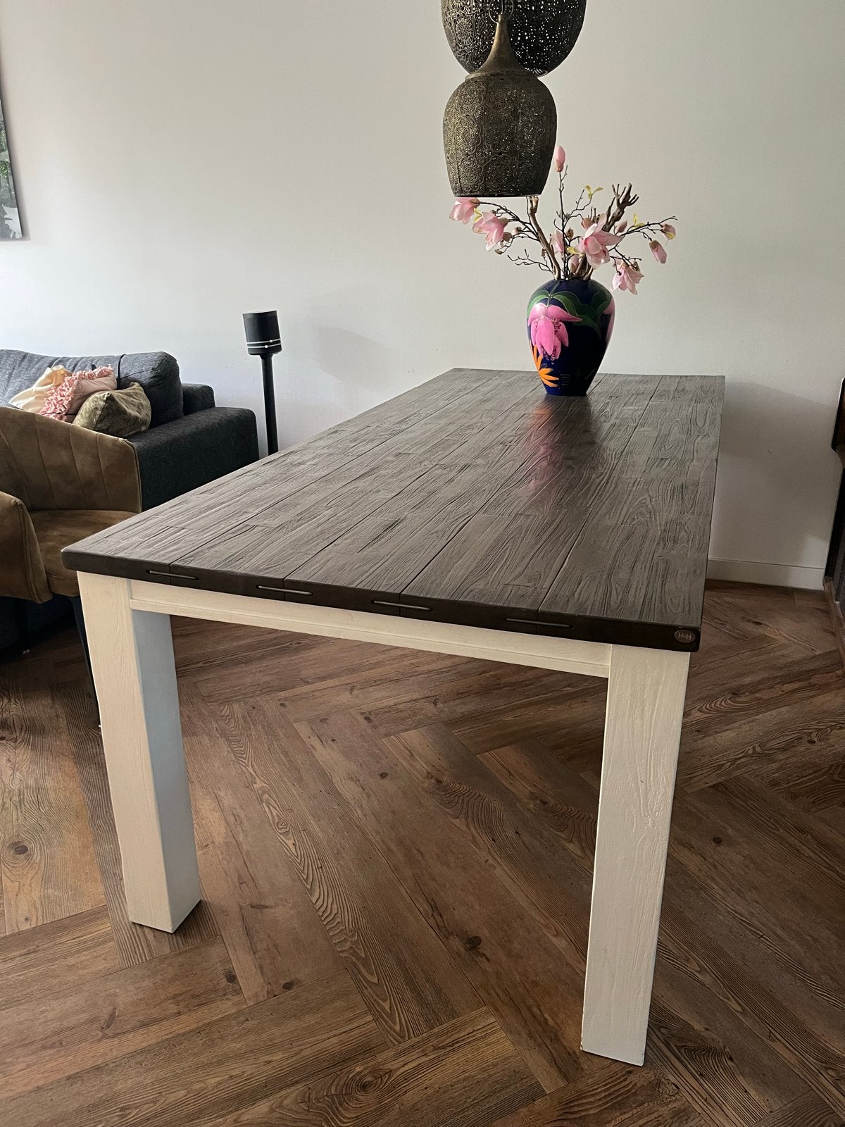 Eettafel 220x100 cm met houten blad en witte poten, Huis en Inrichting, Tafels | Eettafels, Ophalen, Gebruikt, 100 tot 150 cm