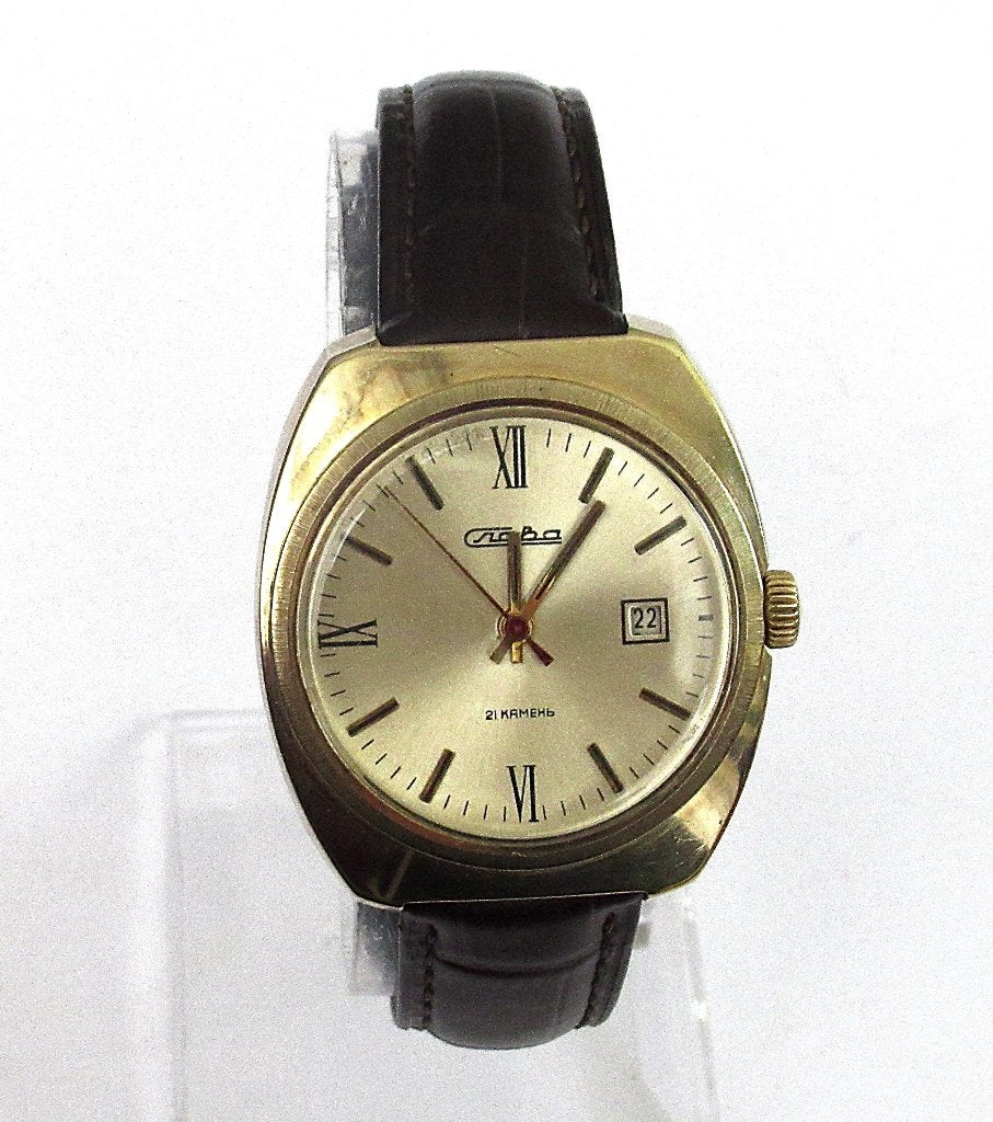 Retro Slava mechanisch horloge met kalender, Made in USSR 70, Ophalen of Verzenden, Staal, Overige merken, 1960 of later
