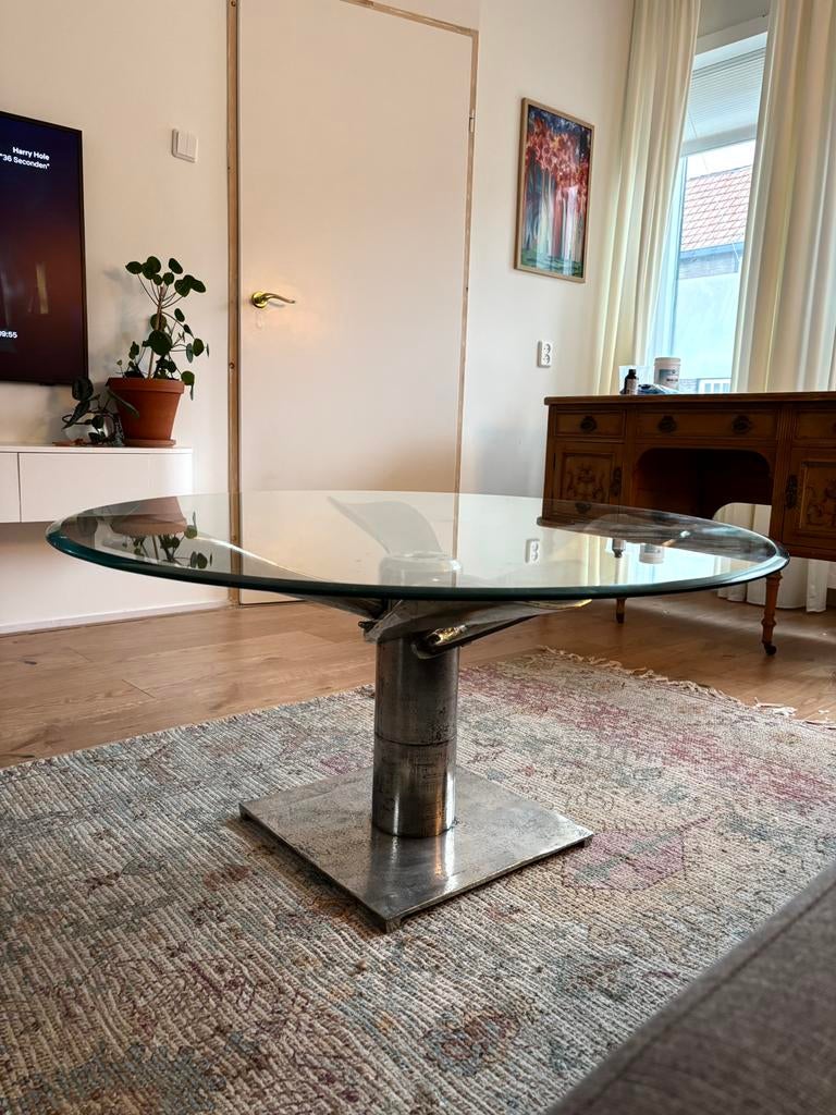 By Kohler Unieke salontafel glazen blad – brutalist design, Ophalen, 50 tot 100 cm, Rond, Zo goed als nieuw