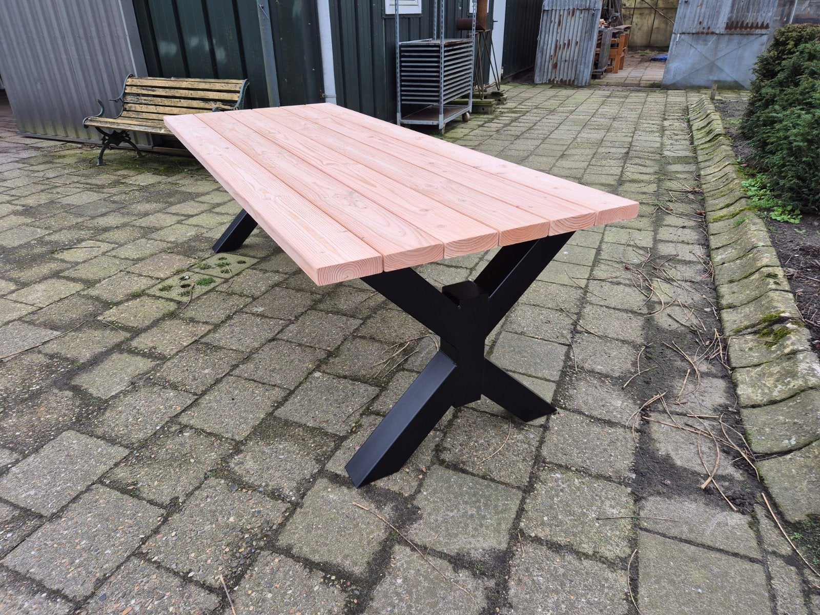 Douglas Tuintafel 180x96/77 cm met unieke X-poten, Huis en Inrichting, Tafels | Eettafels, Ophalen, 50 tot 100 cm, Rechthoekig