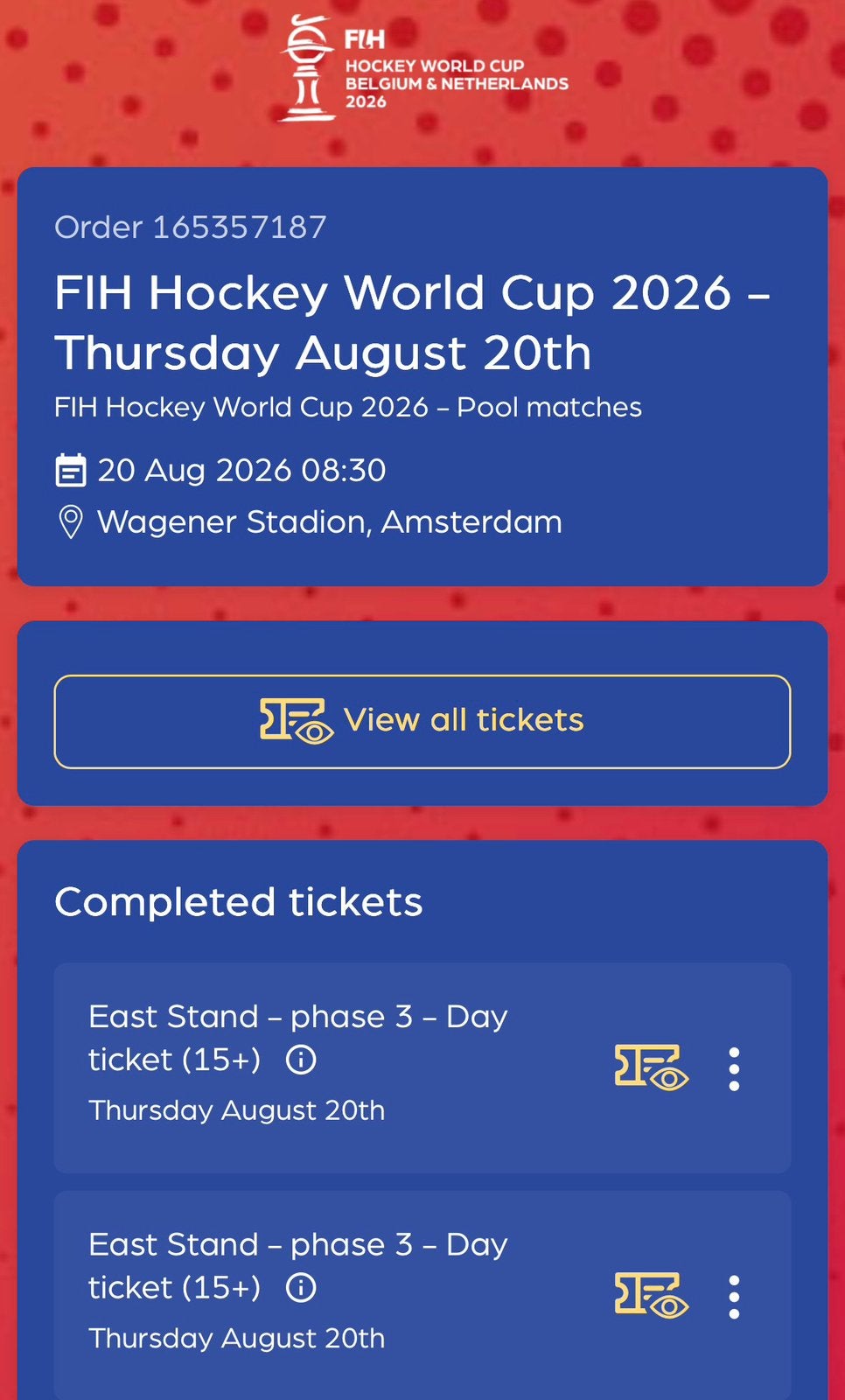 中国女子曲棍球队对阵南非队（8月20日）的门票, Tickets en Kaartjes, Twee personen, Augustus
