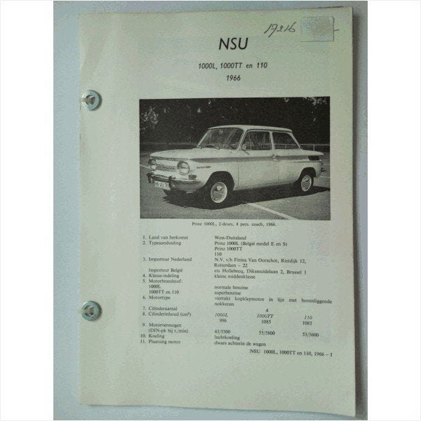 NSU 1000L 1000TT 110 Vraagbaak losbladig 1966 #2 Nederlands, Ophalen of Verzenden, Gelezen, Overige merken