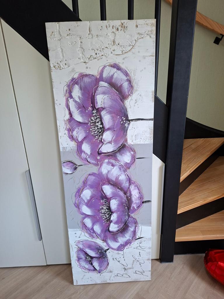 Mooi schilderij met paarse bloemen, Ophalen of Verzenden