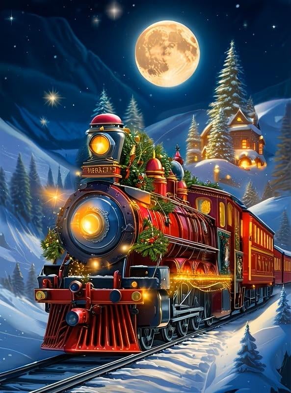 nr 75 Diamond Painting kerst trein 50x40cm (rond), Nieuw, Ophalen of Verzenden, Overige materialen, Overige merken
