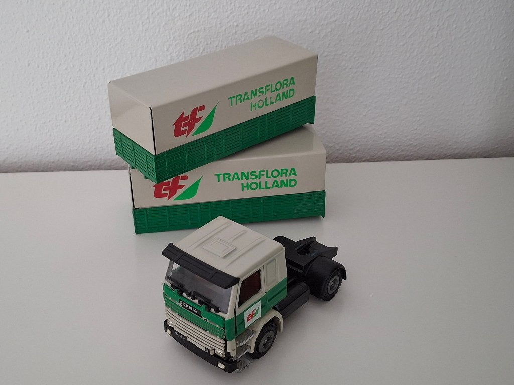 verbouw Scania 142 TransFlora trekker en bakken, Tekno 1/50, Ophalen of Verzenden, Zo goed als nieuw, Bus of Vrachtwagen, Tekno
