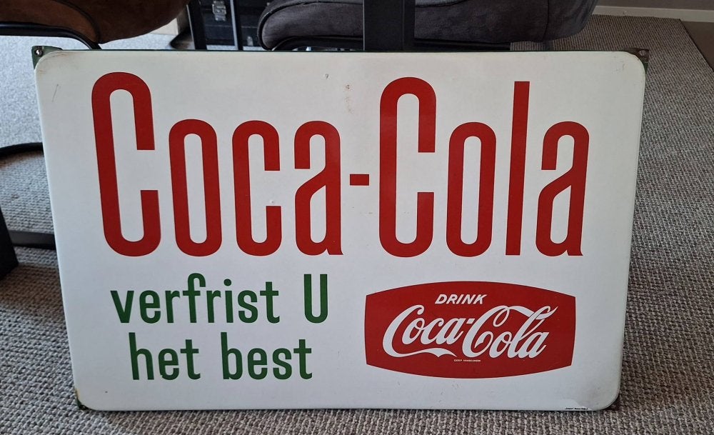 Mooi emaille reclamebord voor Coca-Cola, Langcat Bussum., Reclamebord, Gebruikt, ., Ophalen of Verzenden