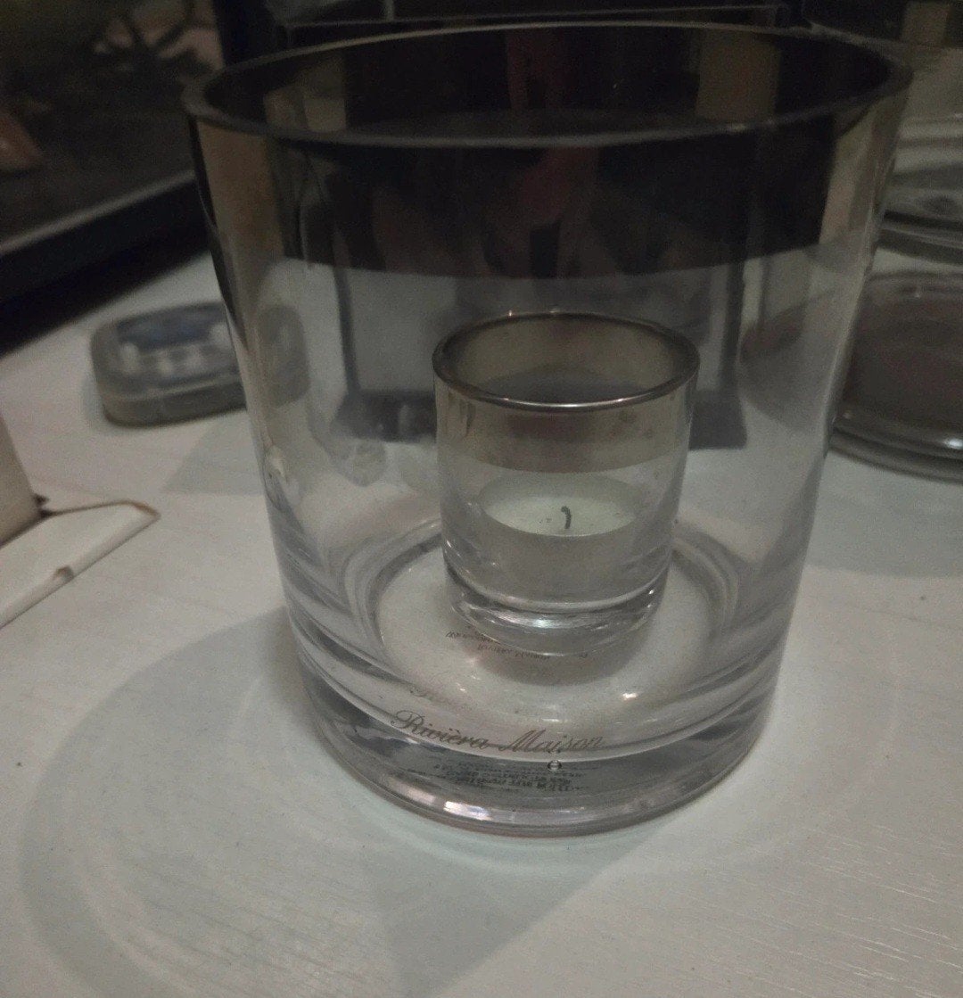 Riviera Maison windlicht Glas - Zo goed als nieuw, Overige materialen, Ophalen of Verzenden, Zo goed als nieuw, Grijs