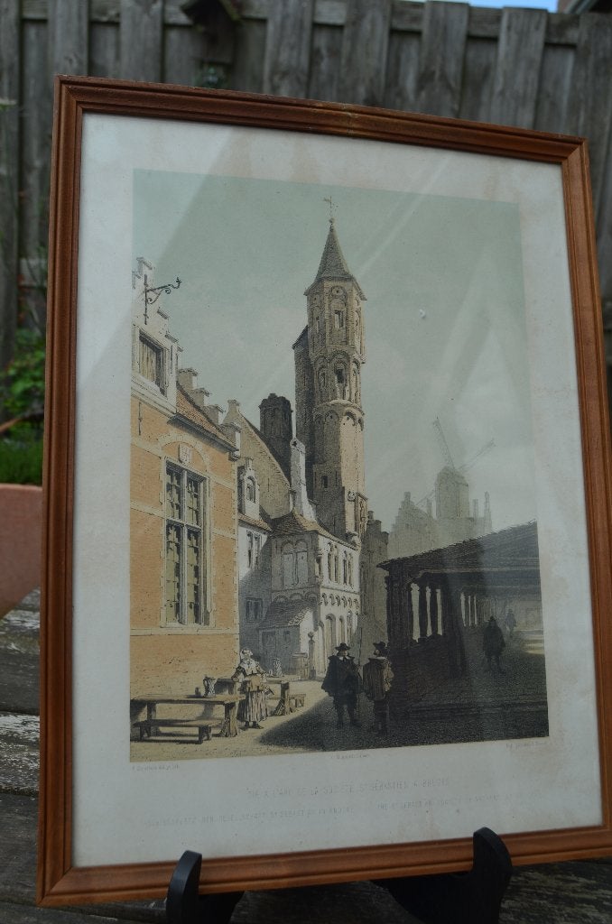 Belgische lithografische prenten van gebouwen (2), Ingelijst, Ophalen of Verzenden, Overige onderwerpen, Lithografie