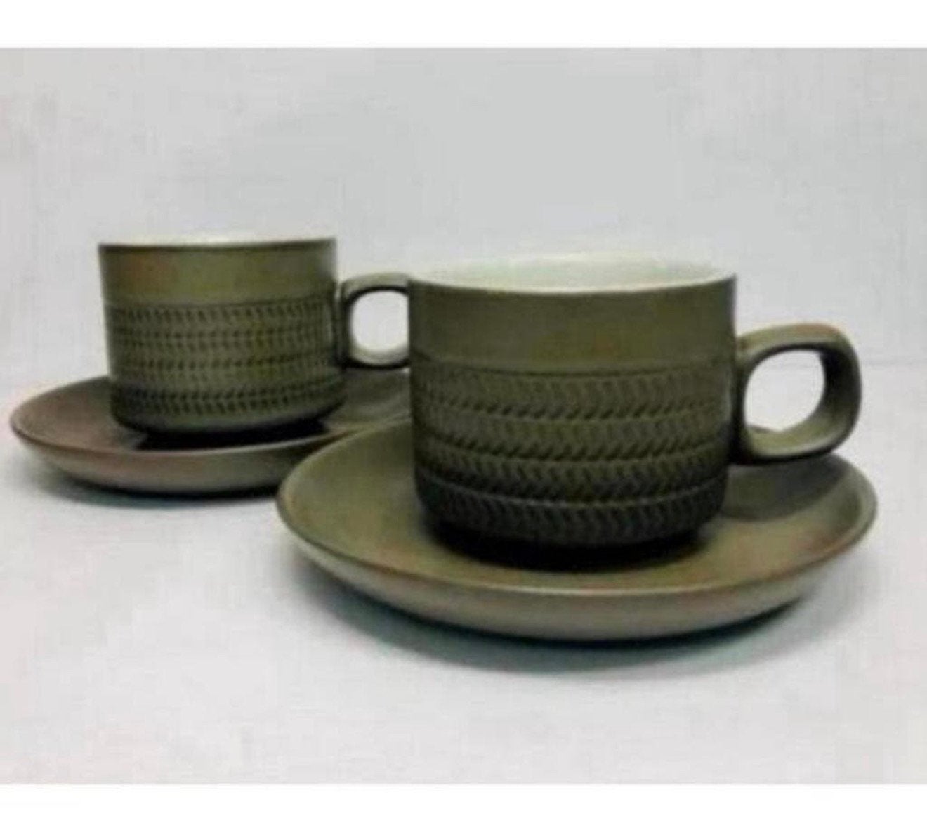 Vintage Denby Camelot Chevron 1961 2x kop en schotel servies, Antiek en Kunst, Ophalen of Verzenden