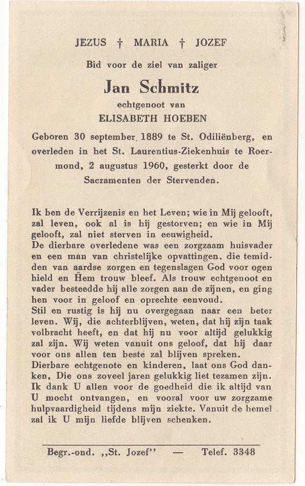 Jan Schmitz 1889 St. Odiliënberg + 1960 Roermond, 70 jaar, Verzenden