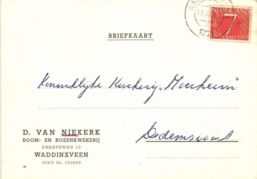 D. van Niekerk, Waddinxveen - 03.1954 - briefkaart, Ophalen of Verzenden, Briefkaart