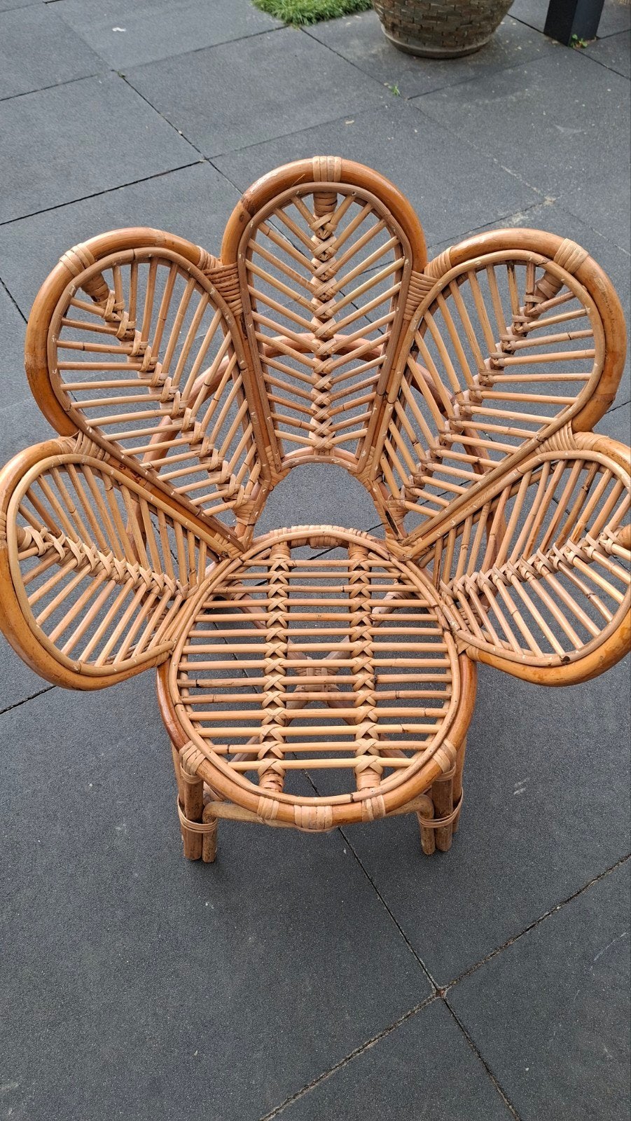 Unieke rotan bloemstoel - Zo goed als nieuw, Ophalen, Bohemian, Vintage, Natuurlijk, Bruin, Riet of Rotan