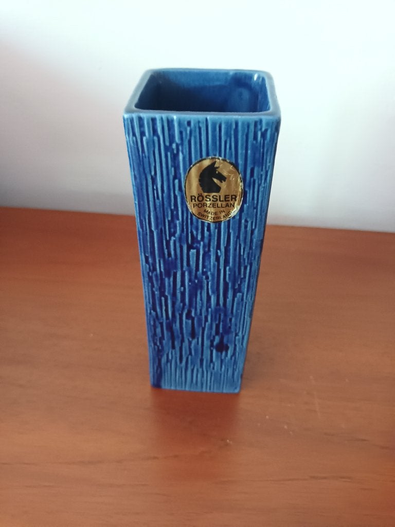 RÖSSLER kobalt blauw en vierkant vaasje, Ophalen of Verzenden