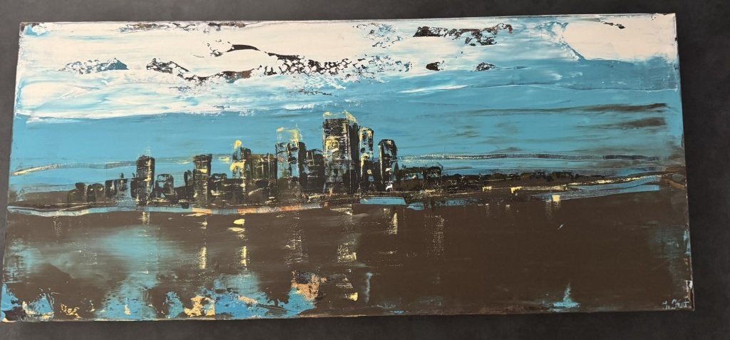 Abstract stadsgezicht, acryl op doek, J.Kat, 40 x 90cm, Antiek en Kunst, Ophalen, Gesigneerd