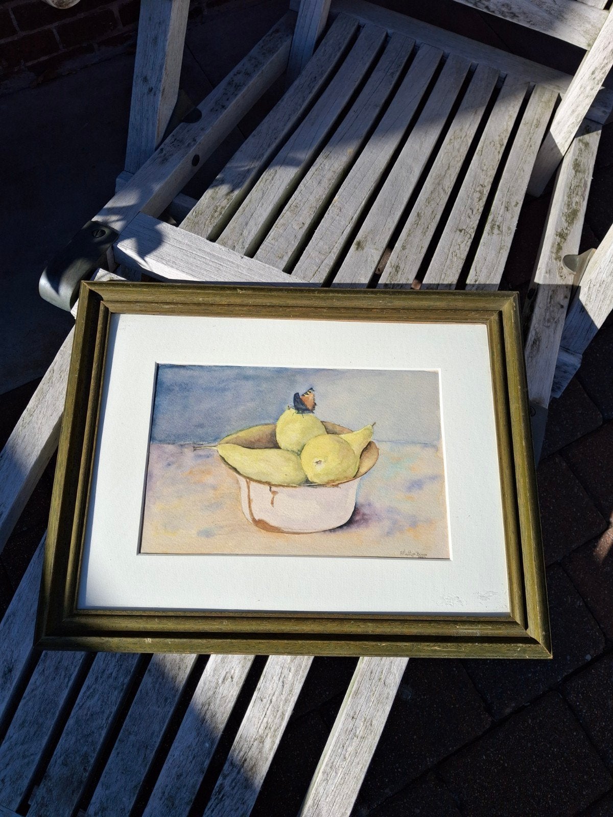 Prachtig schilderijtje Stilleven met Peren en Vlinder, Ophalen of Verzenden, Minder dan 50 cm, Schilderij