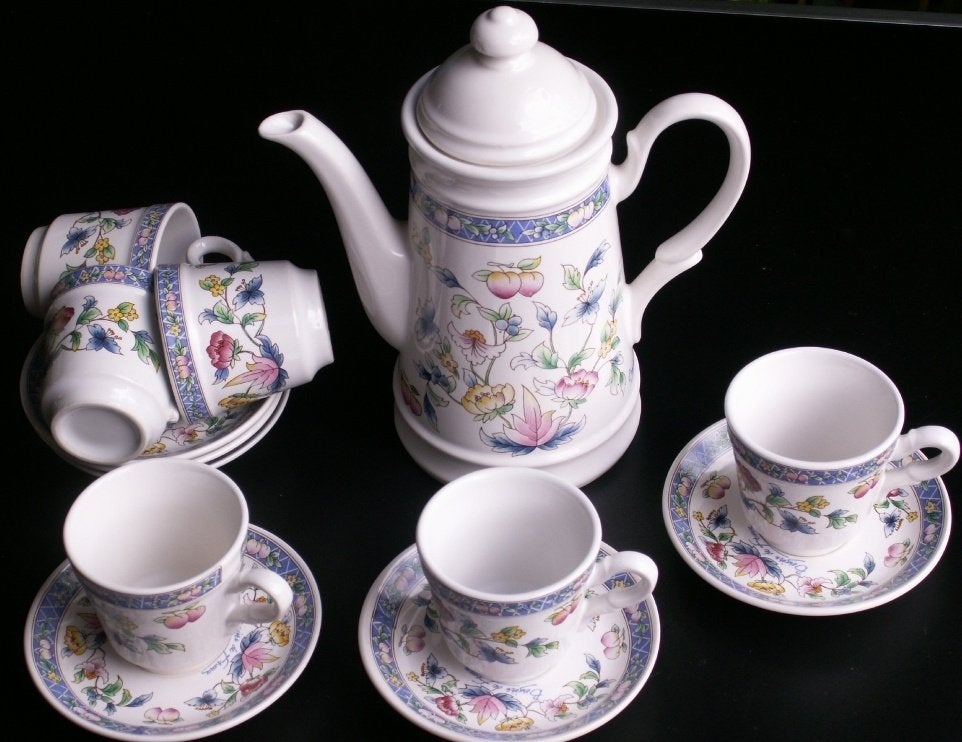Koffie servies bloemdecoratie kan + 6 kop + schotels koffies, Nieuw, Ophalen of Verzenden, Overige stijlen, Kop(pen) en/of Schotel(s)