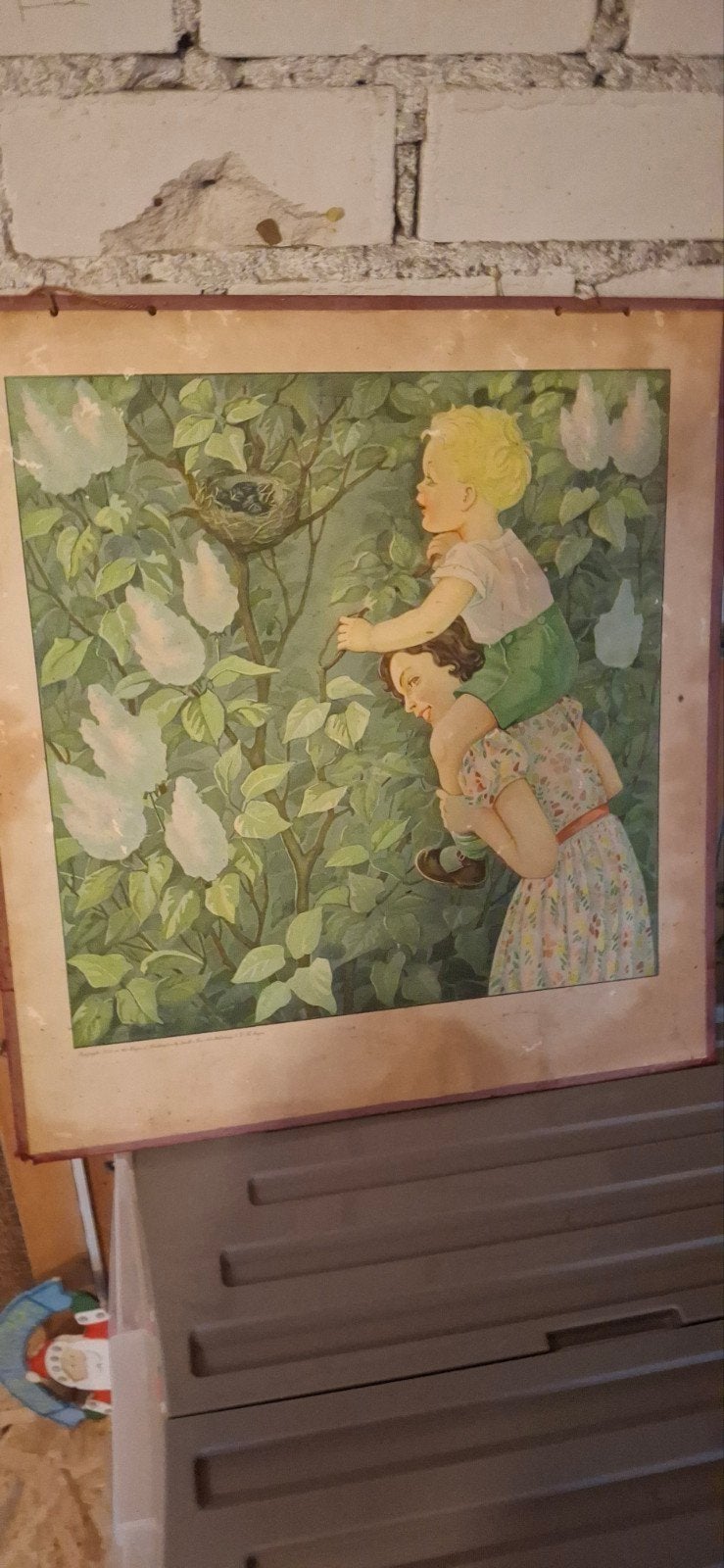 Vintage Prent Moeder en Kind bij Vogelnest 1935, Ophalen, Print, Prent