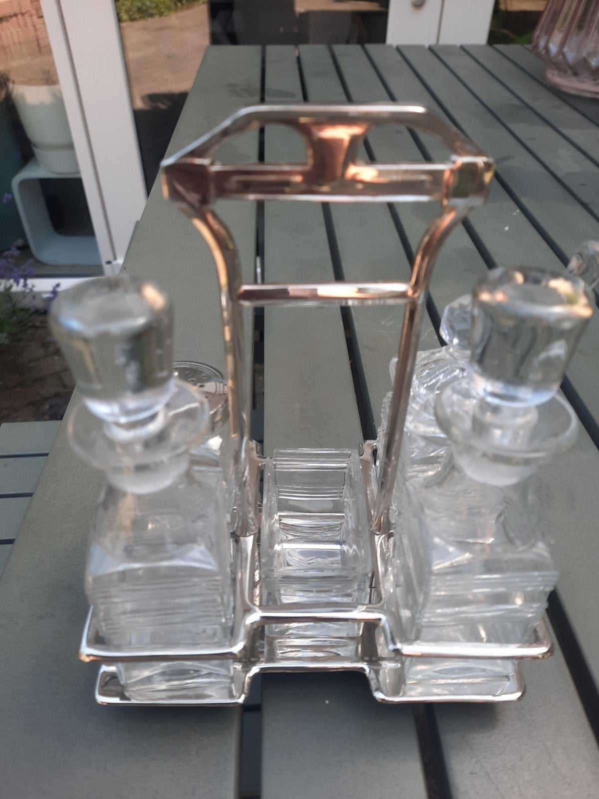 Vintage Glazen Olie & Azijnstel met Zilveren Houder, Antiek en Kunst, Ophalen of Verzenden