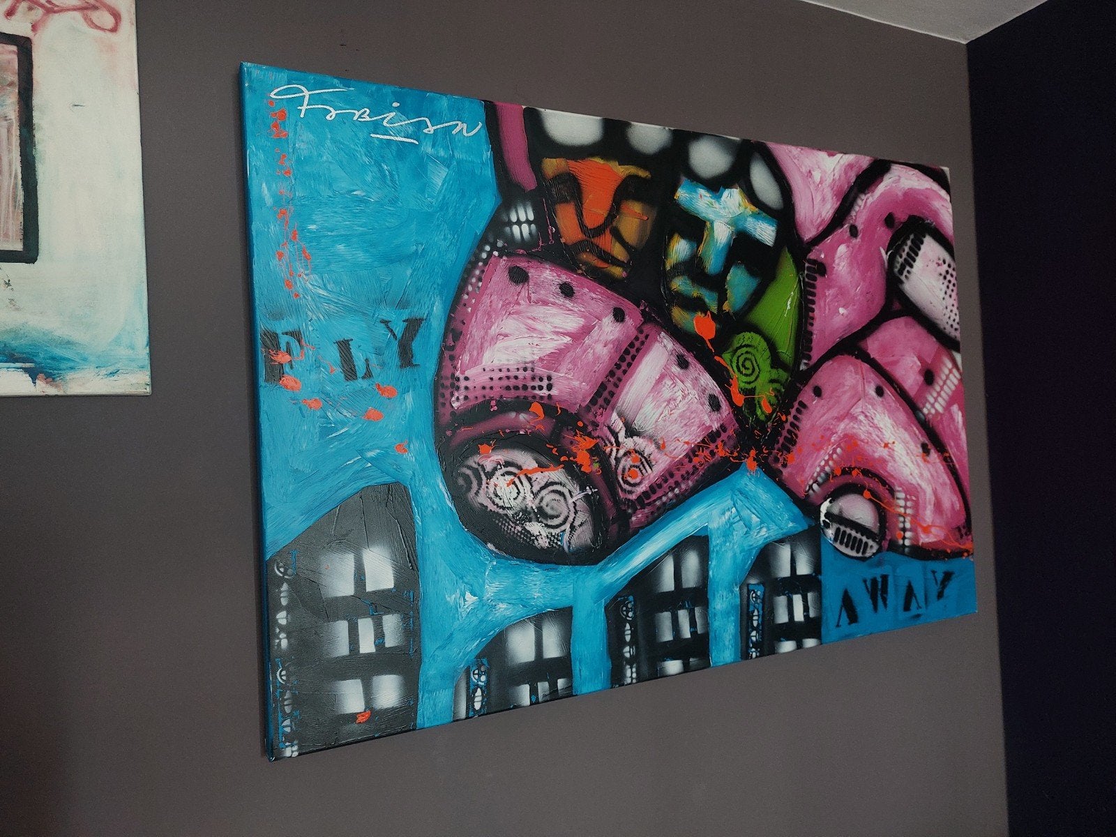 "Fly Away" Fabian 100x150cm, Ophalen, Gesigneerd, Acrylverf, Figuren