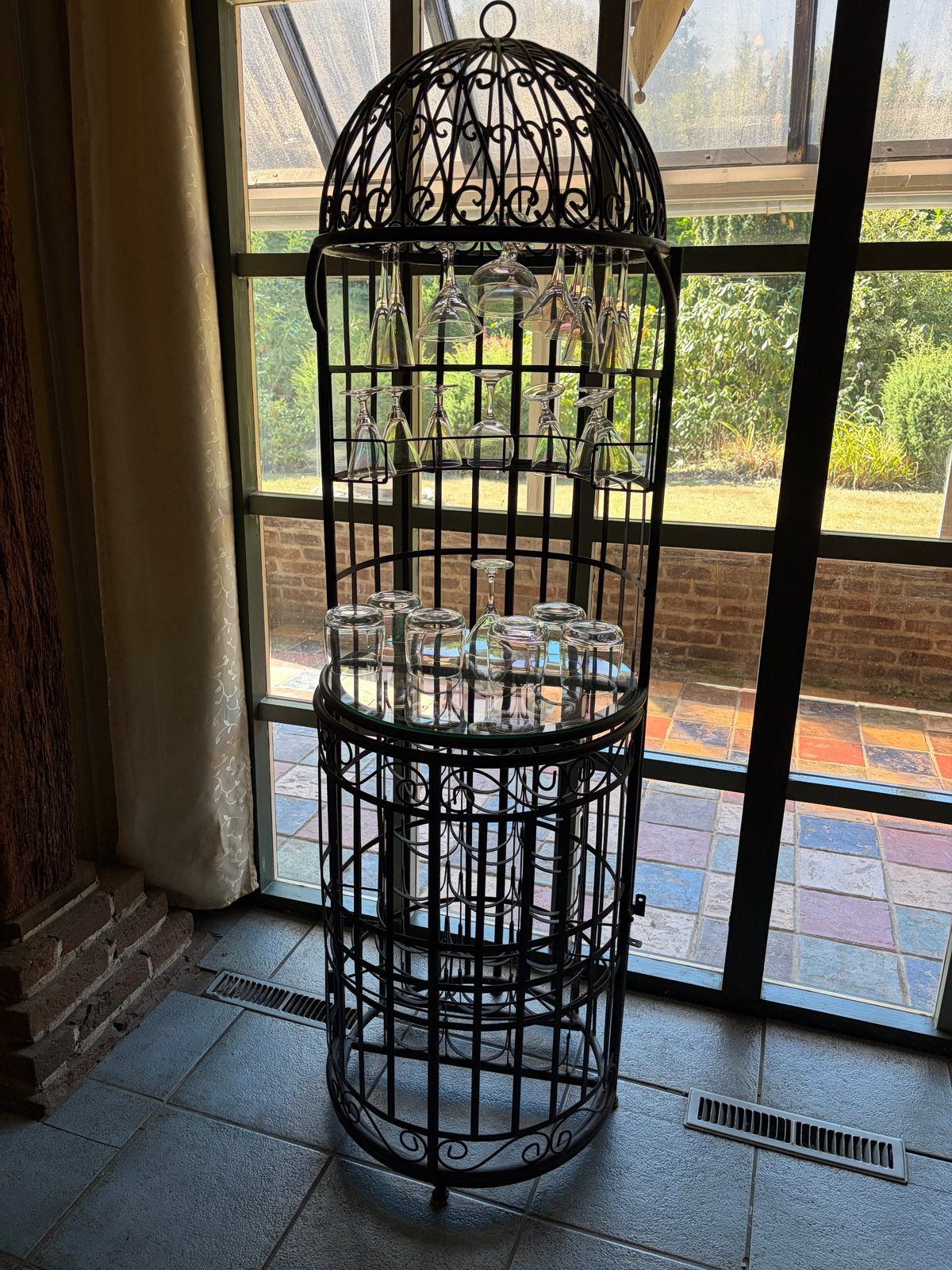 Metalen wijnrek/bar met glasplaat en glazenhouder, Ophalen, Vintage, Metaal, Gebruikt