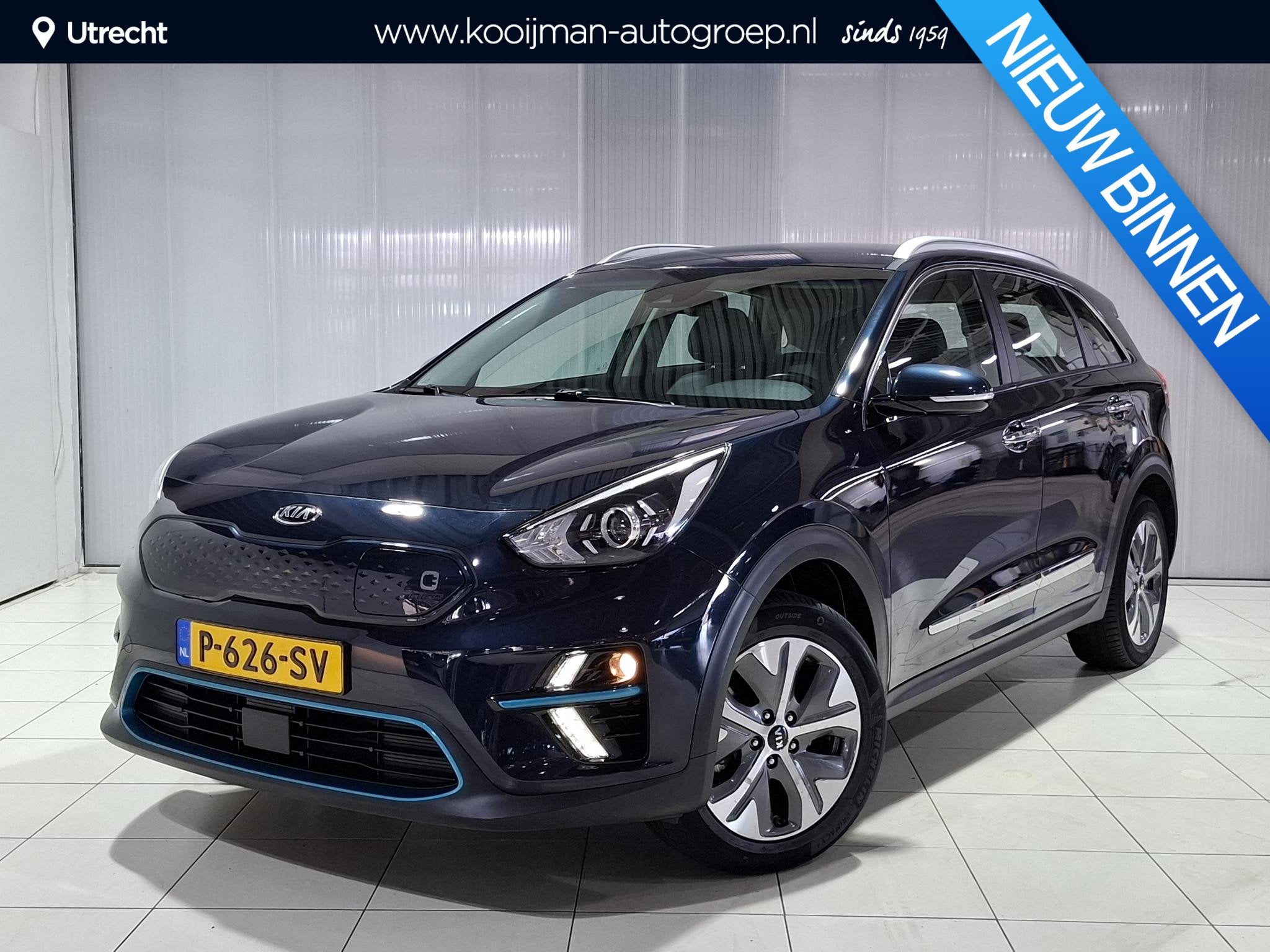 Kia e-Niro DynamicPlusLine 64 kWh SOH 100% dealer onderhoude, Auto's, Kia, Gebruikt, 1712 kg, Blauw, Leder en Stof
