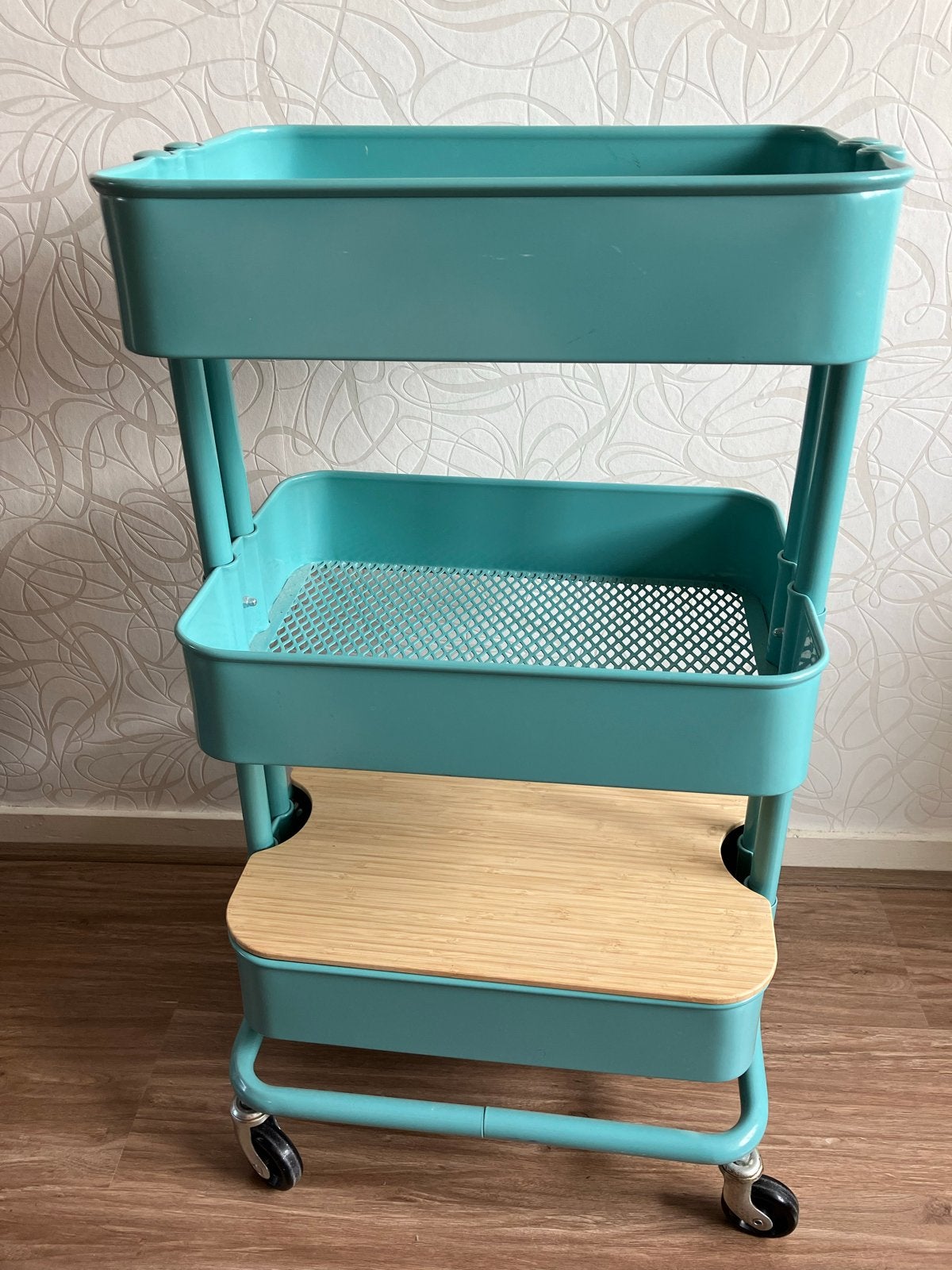 IKEA Raskog roltafel trolley turquoise met bamboe plank, Ophalen, Gebruikt, Blauw, Metaal