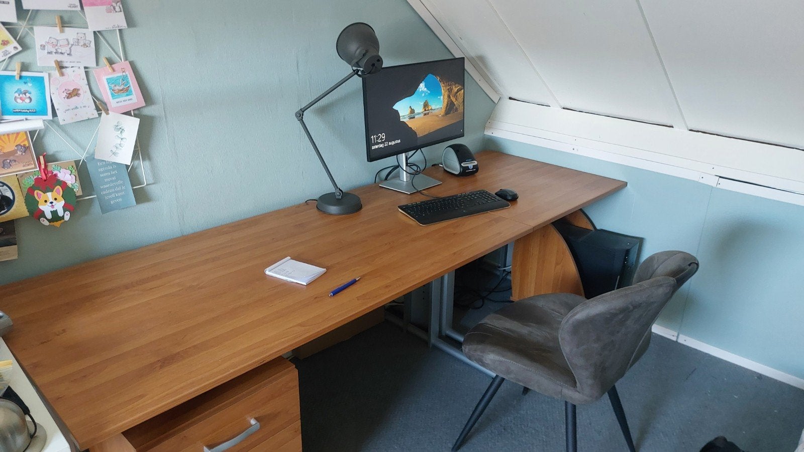 Groot bureau met ladekast., Ophalen, Gebruikt, Bruin, 240 cm