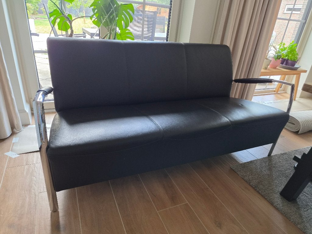 Moderne zwarte leren bank/fauteuils metalen poten (set/los), Ophalen, 150 tot 200 cm, 75 tot 100 cm, Zo goed als nieuw