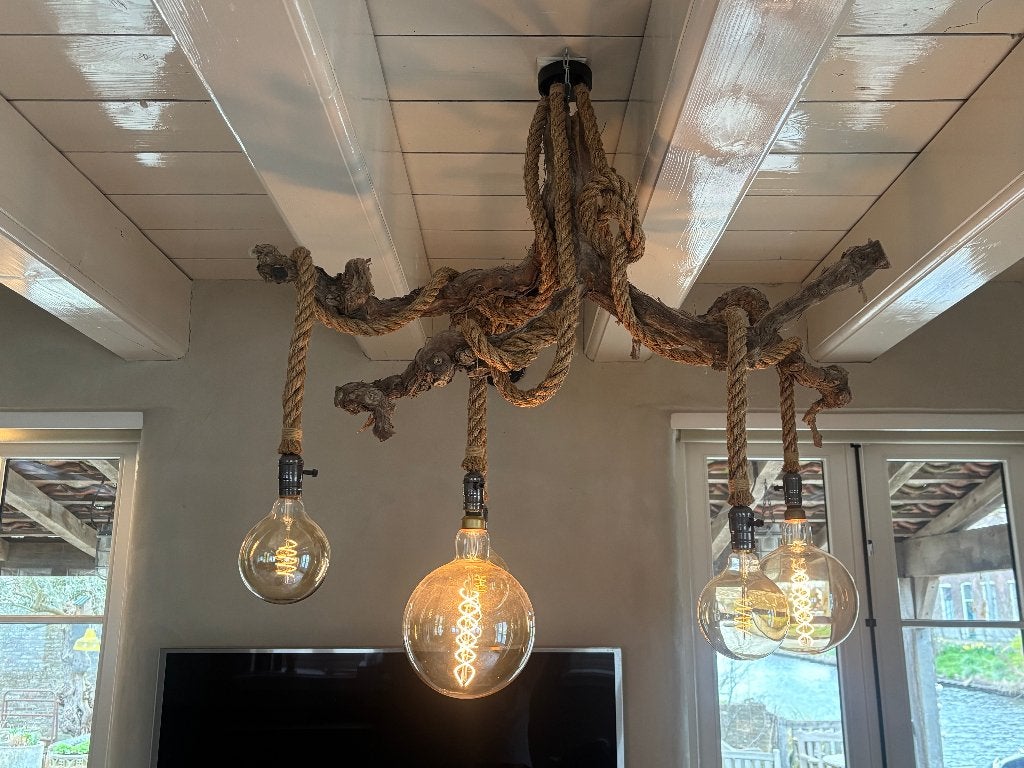 Prachtige en unieke houten boomtak hanglamp (dimbaar), Ophalen, Gebruikt, Glas, E27 (groot)