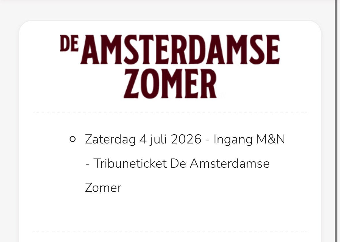 2 amsterdamse zomer tickets tribune, Tickets en Kaartjes, Twee personen, Ticket of Toegangskaart