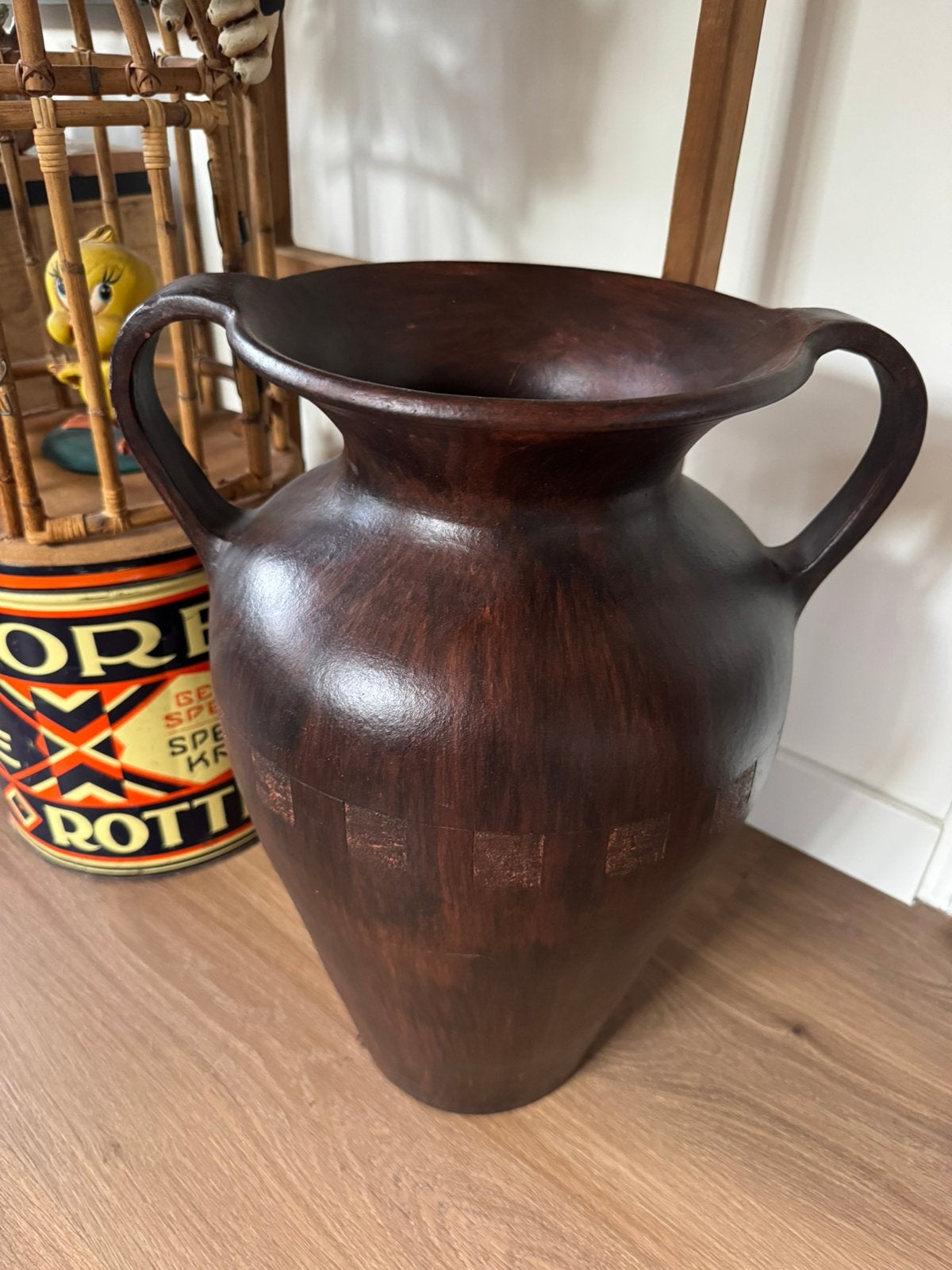 Prachtige grote Amfoor Vaas – Donkerbruin – 50 cm hoog, Ophalen of Verzenden