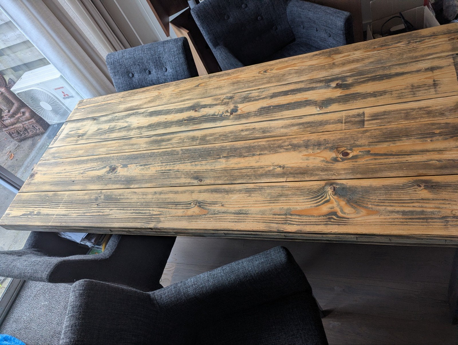 Robuuste eettafel met metalen onderstel en houten blad, Gebruikt, Industrieel, robuust, 50 tot 100 cm, 150 tot 200 cm