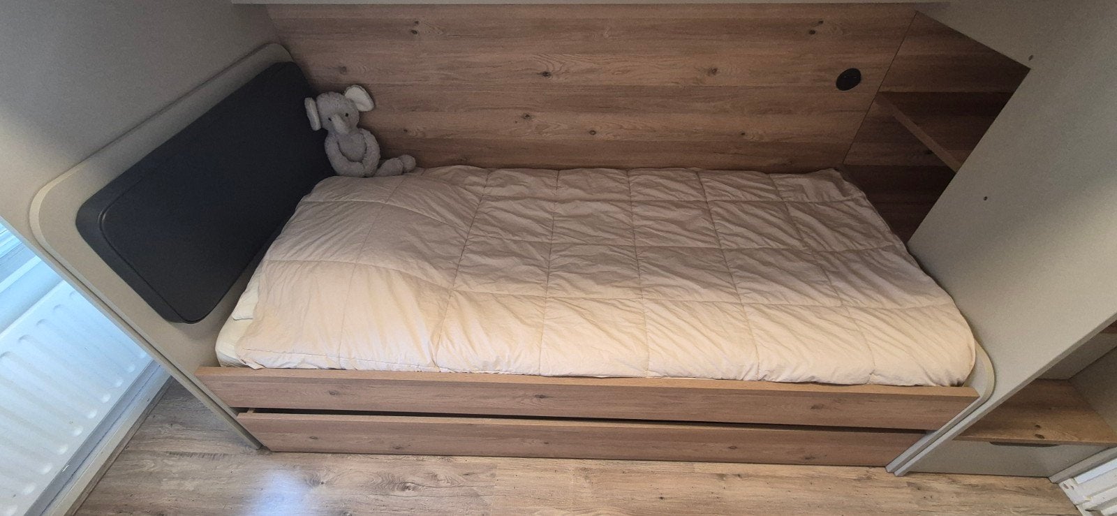 1 persoonsbed met zacht hoofdbord en bedlade, Ophalen, 180 cm of meer, 85 tot 100 cm, Lattenbodem